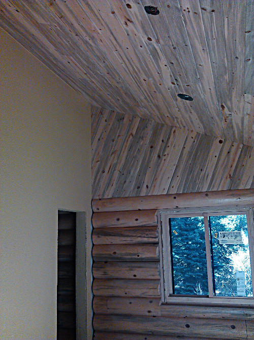 Blue stained pine paneling